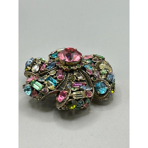 Vtg Hollycraft Pin Brooch Flower Glowing Green Stones Pink Pastels Rhinestones - Picture 6 of 8